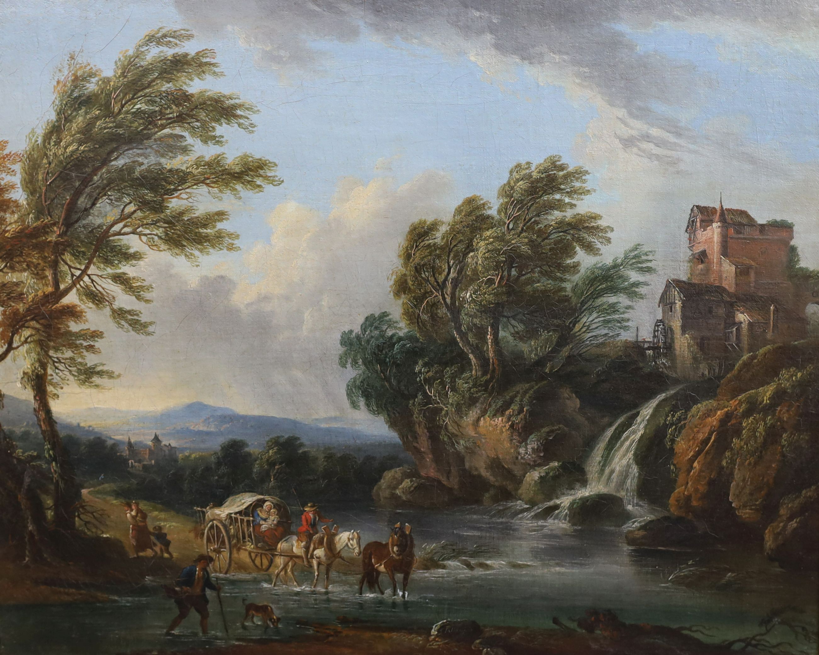 Jean Baptiste Lallemand (French, 1716-1808), Travellers in Italianate landscapes with classical ruins and a watermill, oil on canvas, a pair, 40 x 50cm
